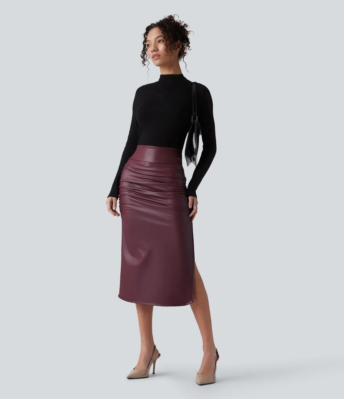 Elysee Luxe Ruched Midi Skirt in Burgundy, full outfit view