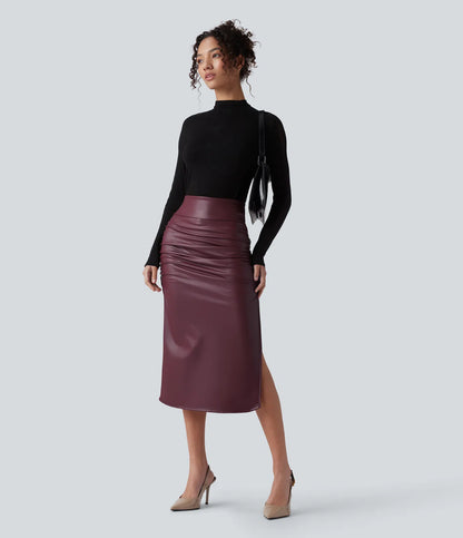 Elysee Luxe Ruched Midi Skirt in Burgundy, full outfit view