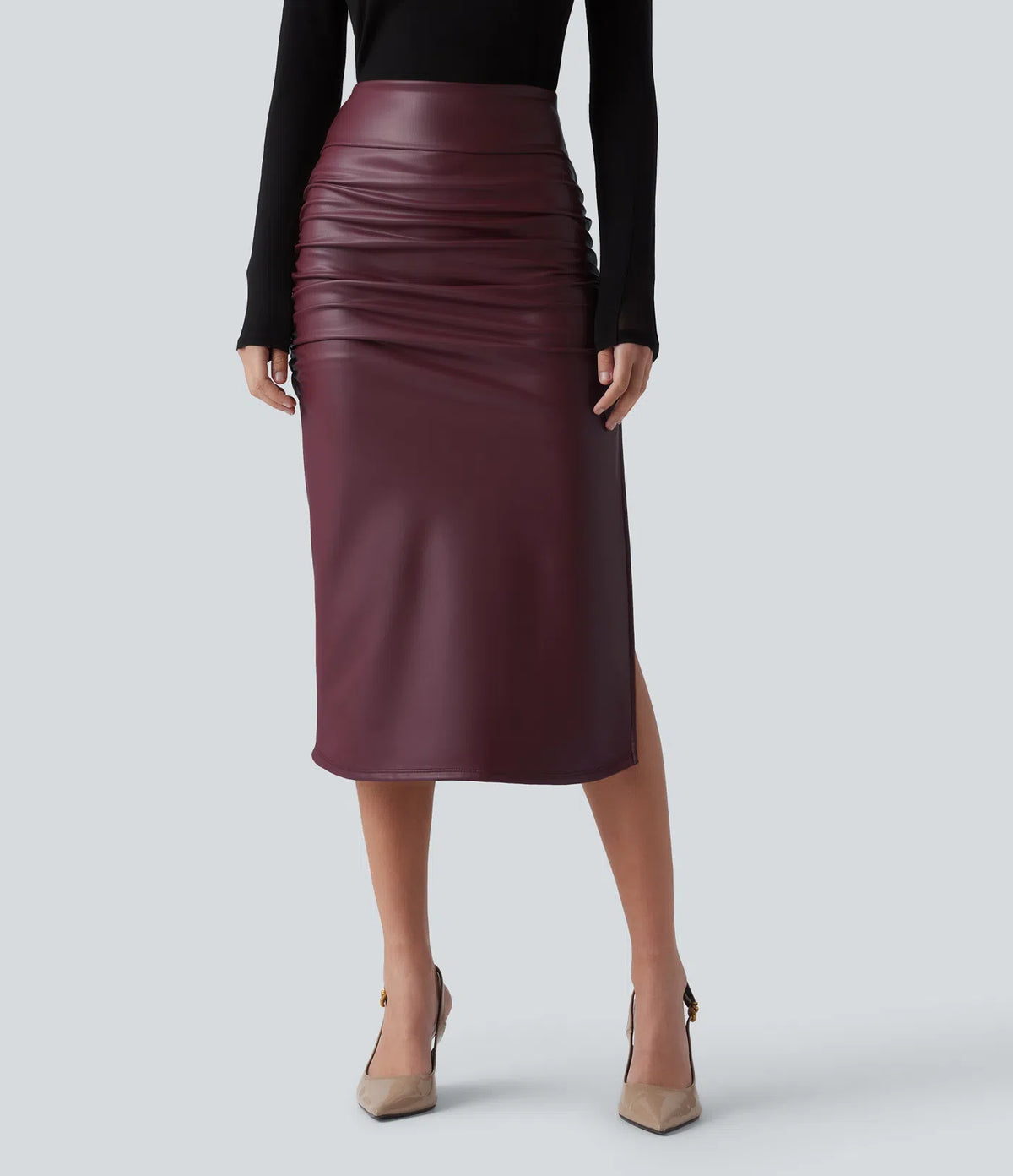 Elysee Luxe Ruched Midi Skirt in Burgundy, product view 2