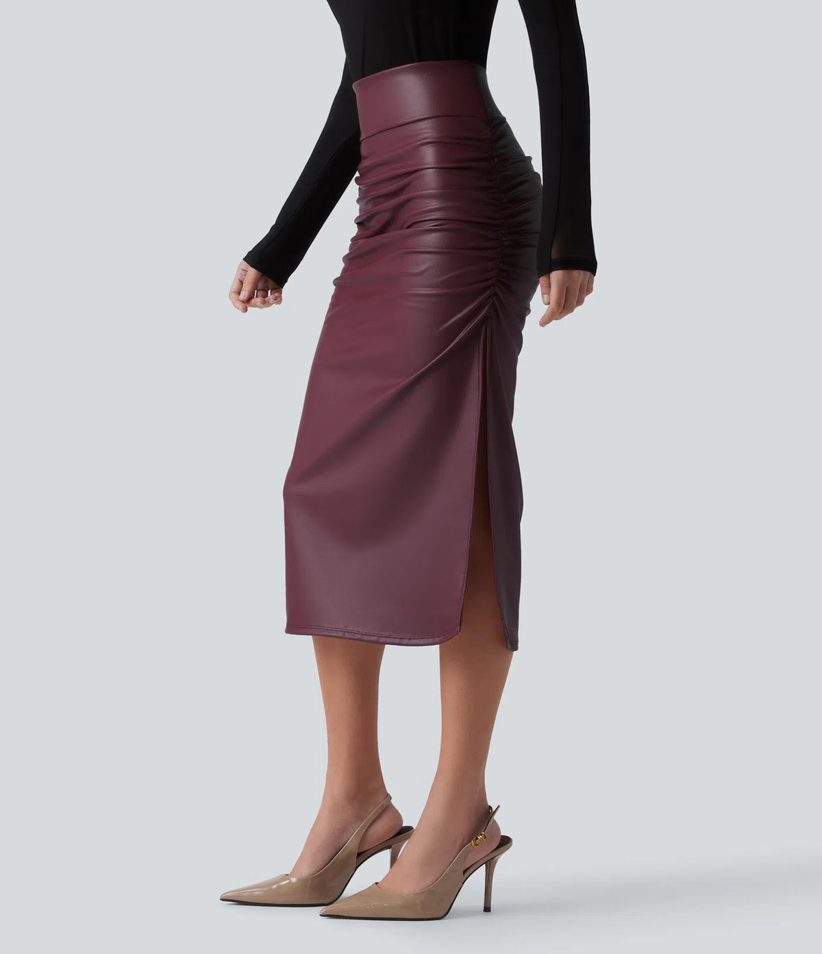 Elysee Luxe Ruched Midi Skirt in Burgundy, product view 3