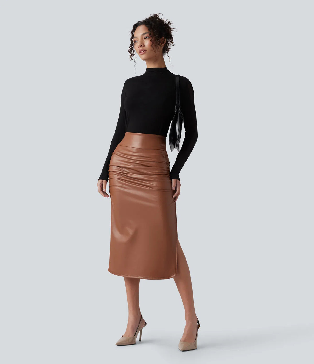 Elysee Luxe Ruched Midi Skirt in Camel, full outfit view