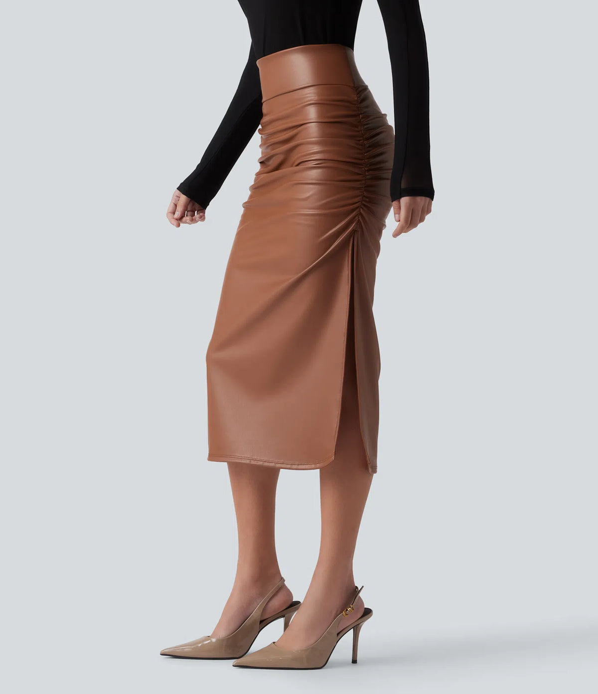 Elysee Luxe Ruched Midi Skirt in Camel, product view 2