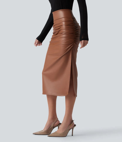 Elysee Luxe Ruched Midi Skirt in Camel, product view 2