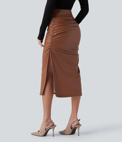 Elysee Luxe Ruched Midi Skirt in Camel, product view 3