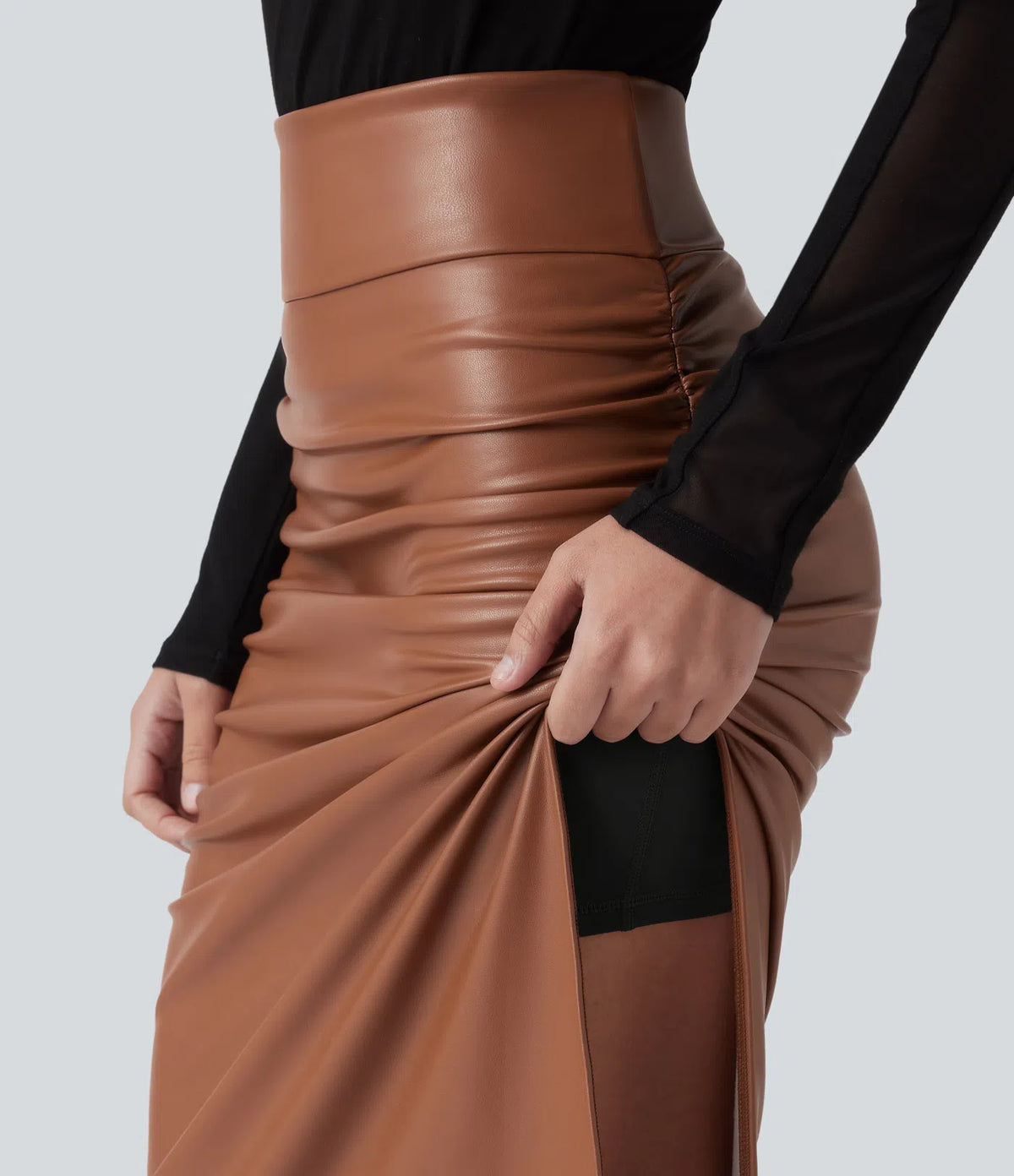 Elysee Luxe Ruched Midi Skirt in Camel, product view 5
