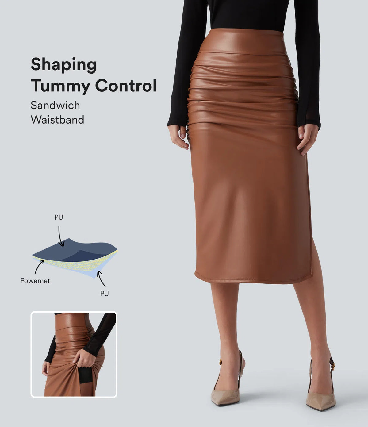 Elysee Luxe Ruched Midi Skirt in Camel, product view 7