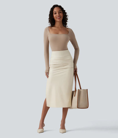 Elysee Luxe Ruched Midi Skirt in Ivory, full outfit view