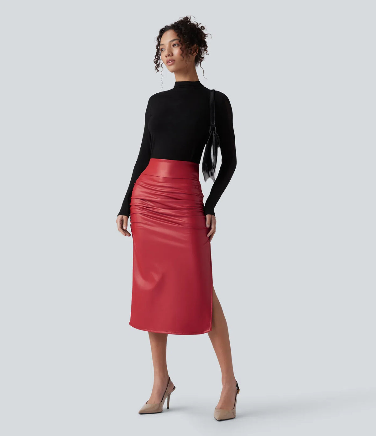 Elysee Luxe Ruched Midi Skirt in Red, full outfit view