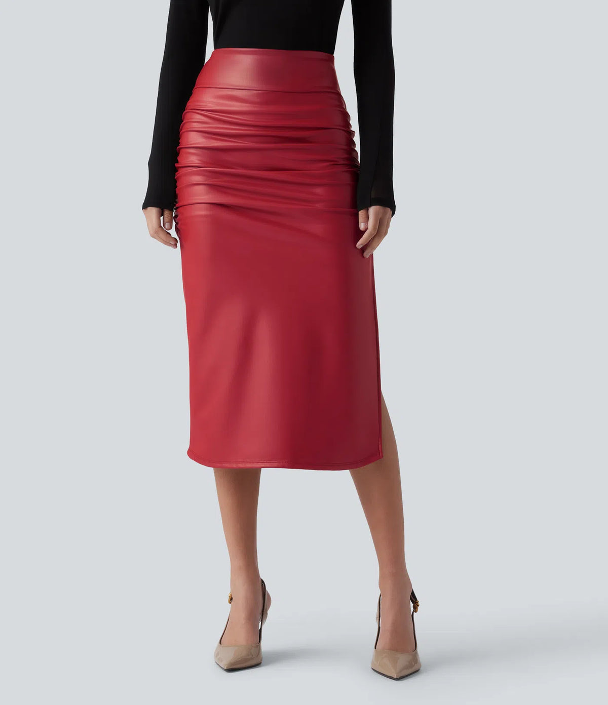 Elysee Luxe Ruched Midi Skirt in Red, product view 2