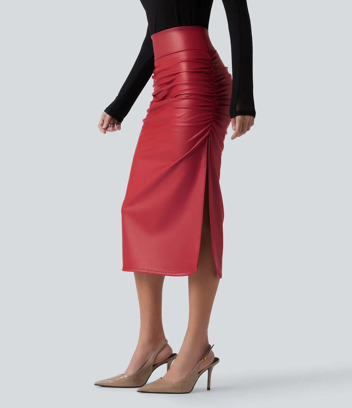 Elysee Luxe Ruched Midi Skirt in Red, product view 3