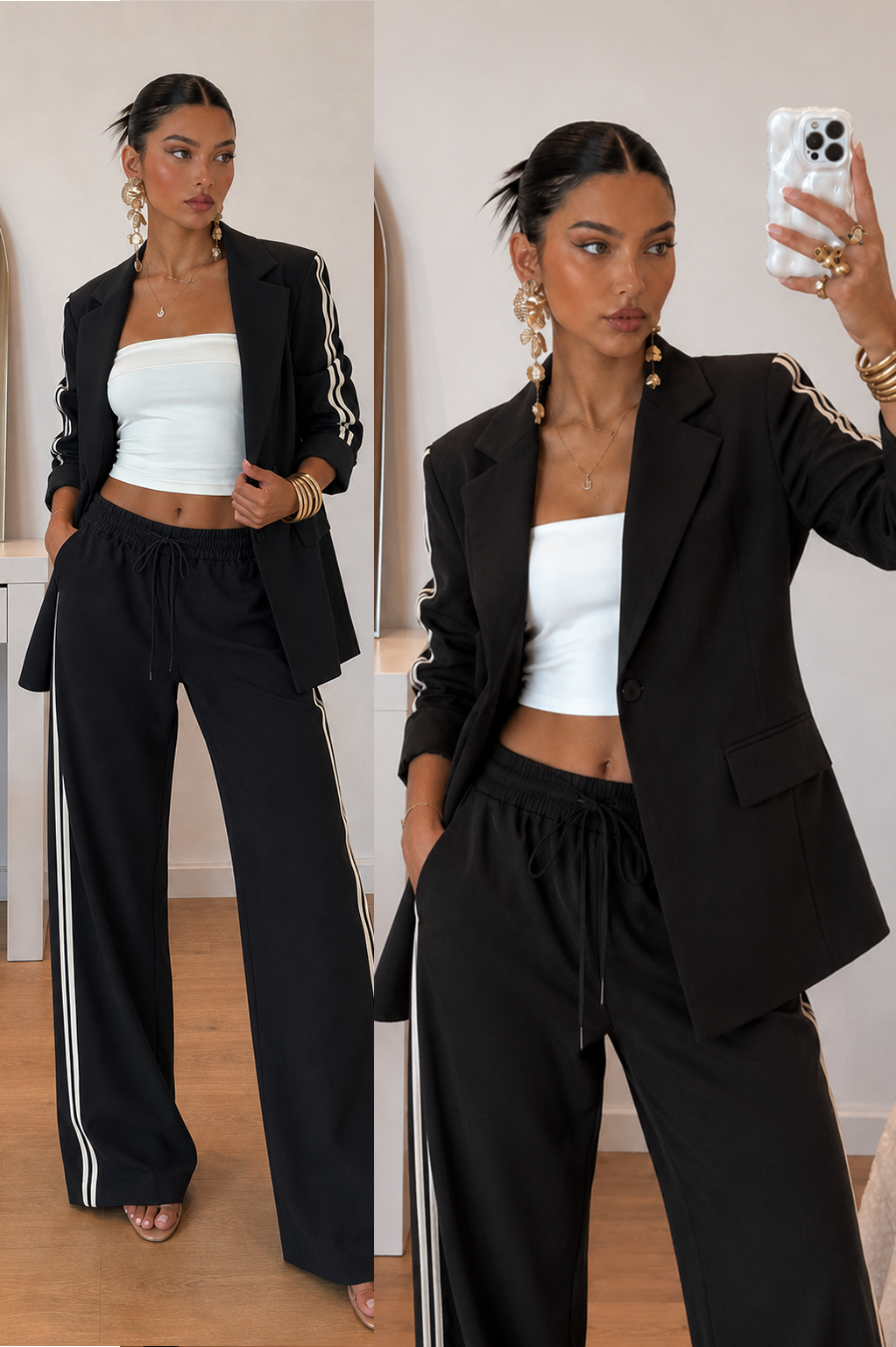 Noemi Blazer & Palazzo Trouser Set in Black — soft blazer and palazzo trousers with a contrast side stripe