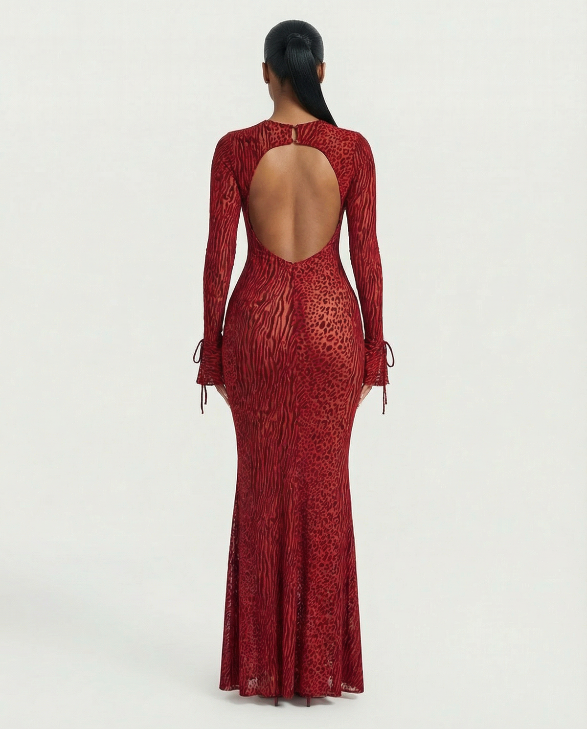 Ashley Mesh Open-Back Maxi Dress in Red 