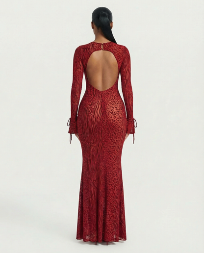 Ashley Mesh Open-Back Maxi Dress in Red 