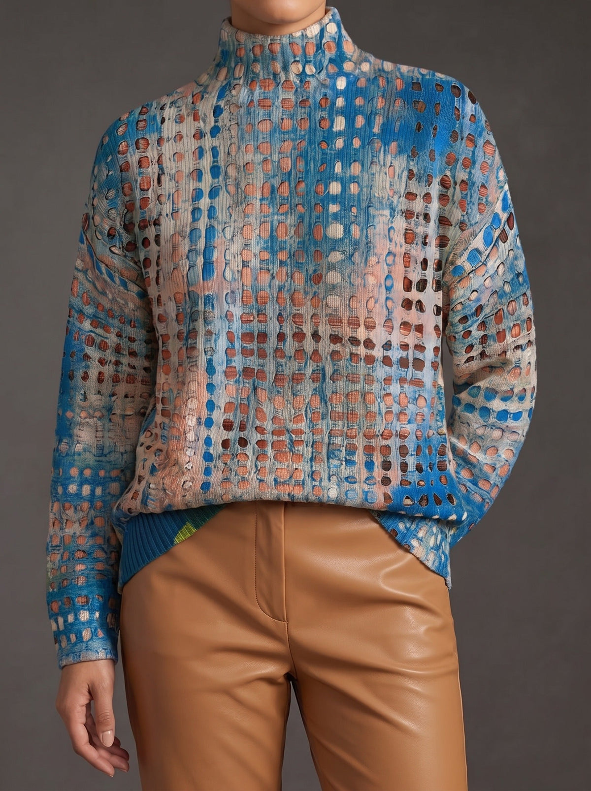 Indigo brushstroke lattice turtleneck on a warm beige ground