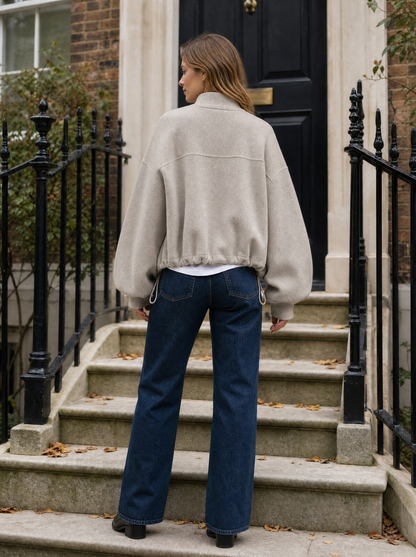 Marlow Cropped Knit Bomber in Greige