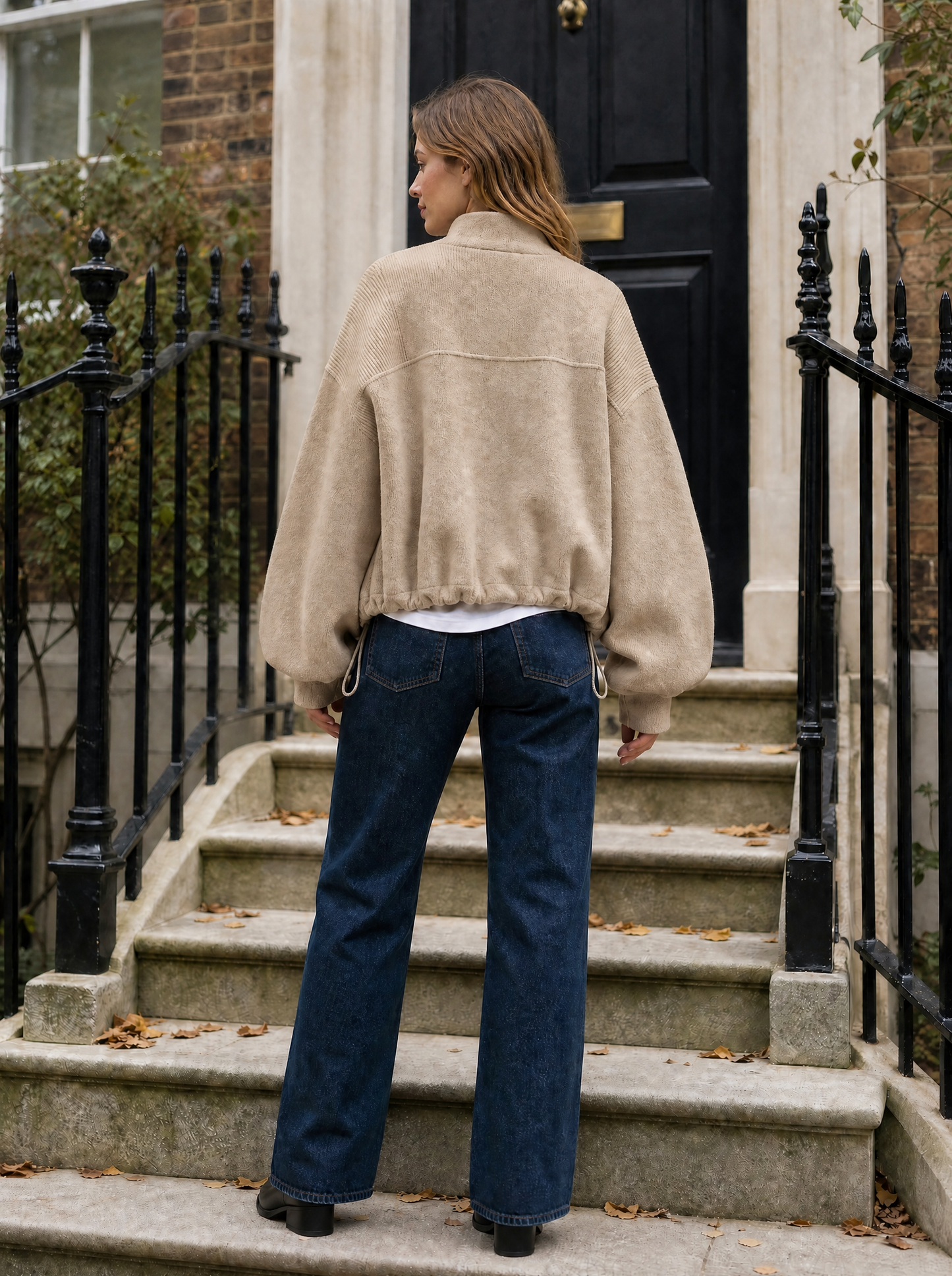 Marlow Cropped Knit Bomber in Beige