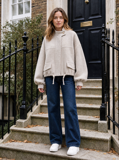 Marlow Cropped Knit Bomber in Greige
