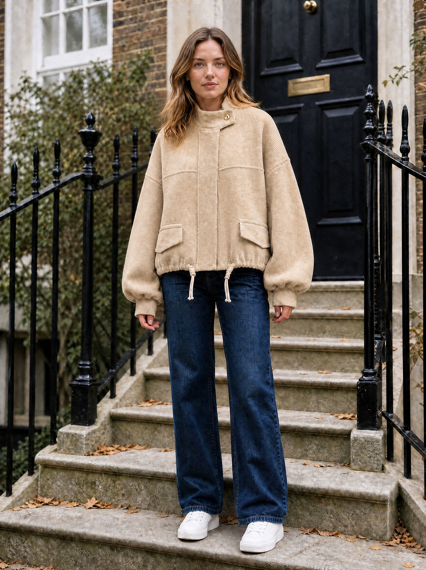 Marlow Cropped Knit Bomber in Beige