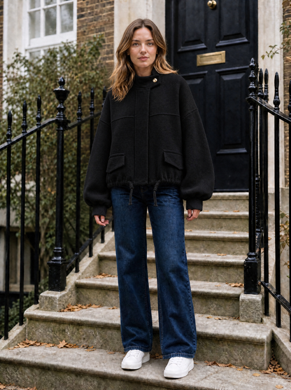 Marlow Cropped Knit Bomber in Black