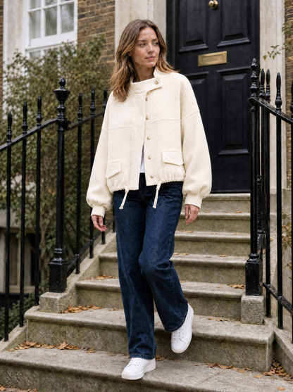 Marlow Cropped Knit Bomber in Cream