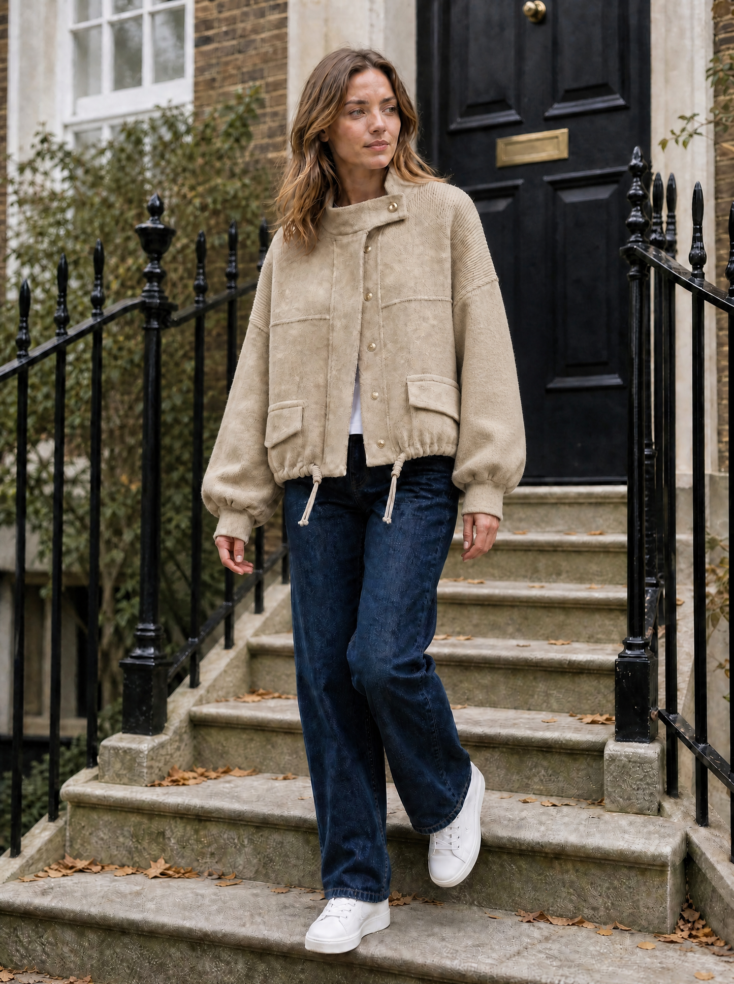 Marlow Cropped Knit Bomber in Beige