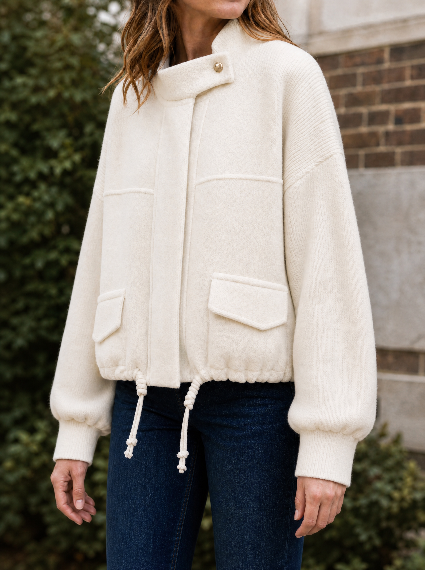 Marlow Cropped Knit Bomber in Cream