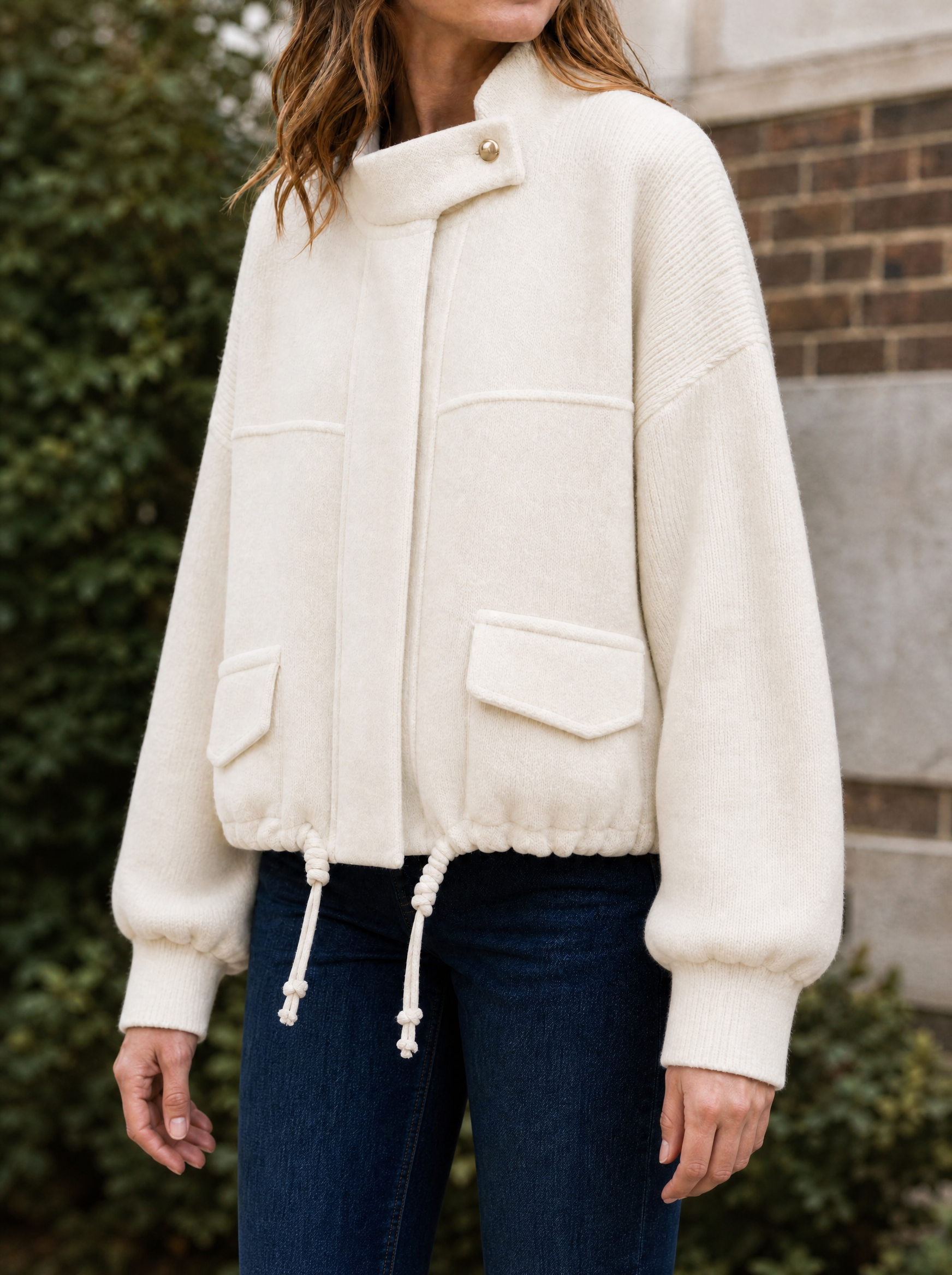 Marlow Cropped Knit Bomber in Cream