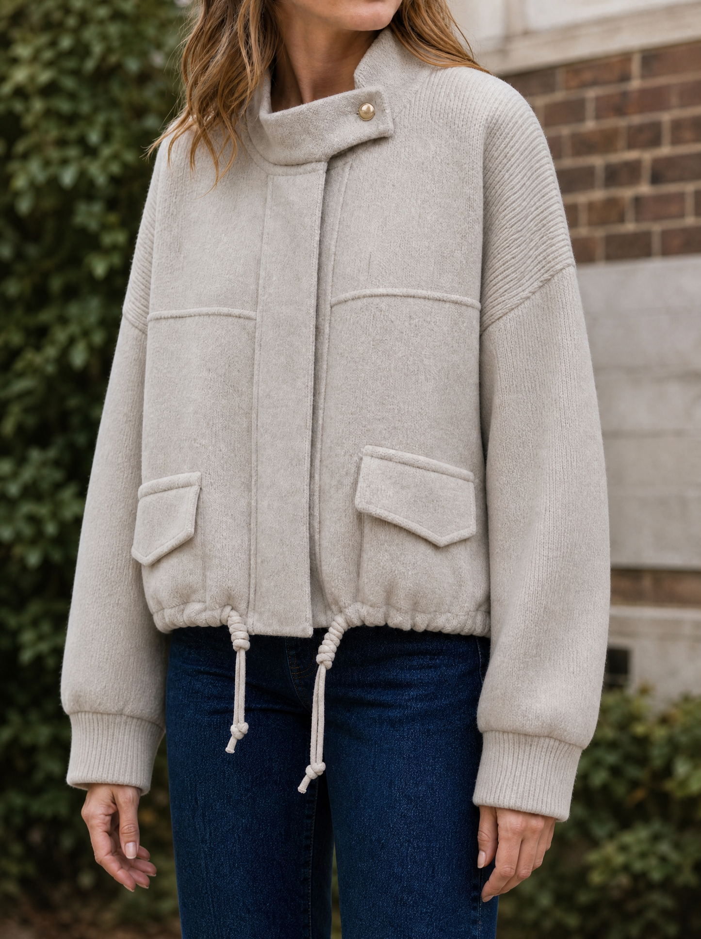 Marlow Cropped Knit Bomber in Greige