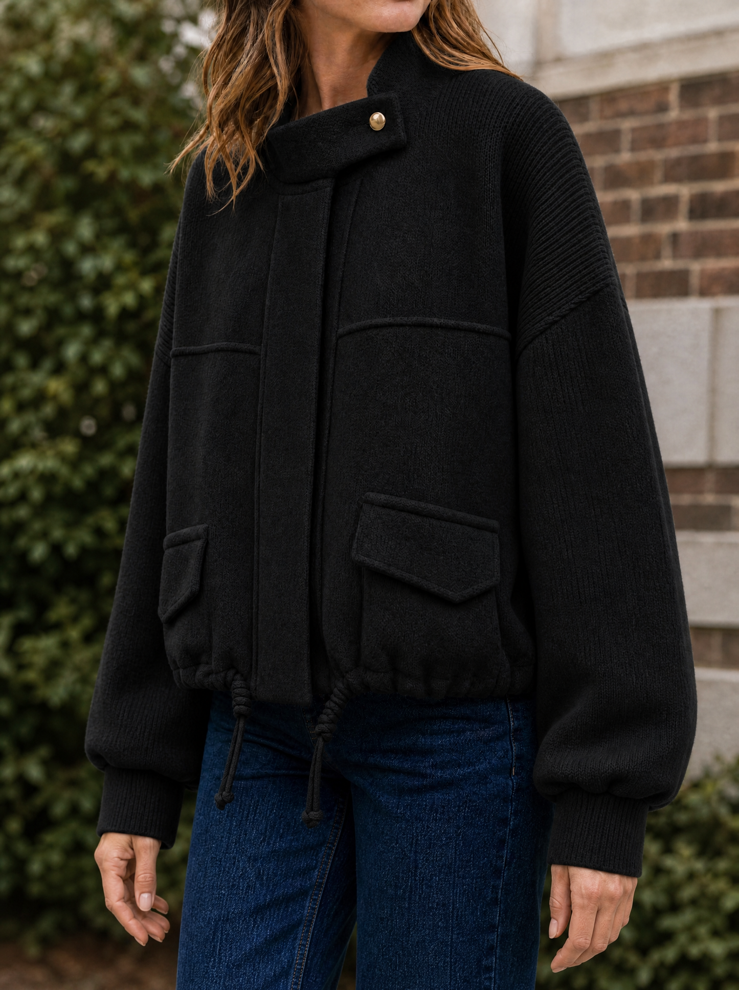 Marlow Cropped Knit Bomber in Black