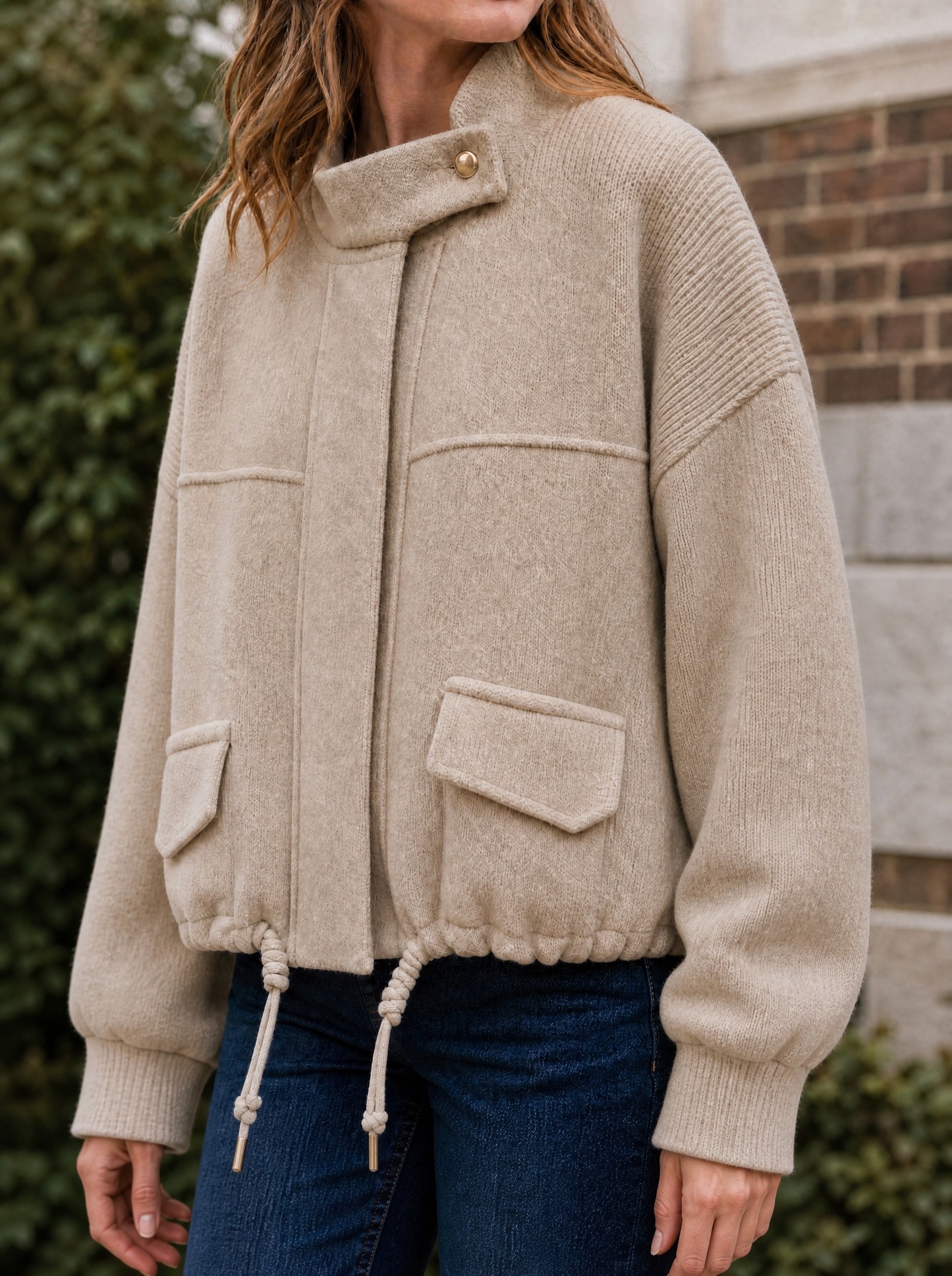 Marlow Cropped Knit Bomber in Beige