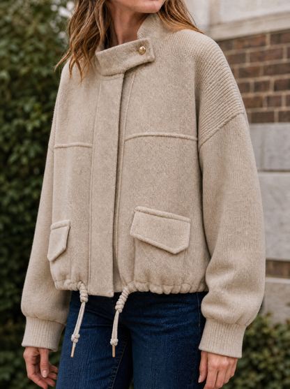 Marlow Cropped Knit Bomber in Beige