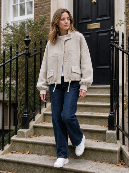 Marlow Cropped Knit Bomber in Greige