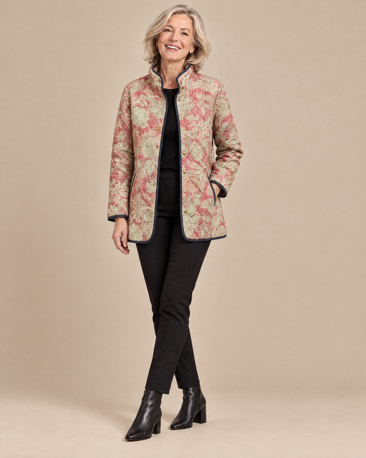 Woman wearing the Naya vintage floral casual quilted jacket, front view