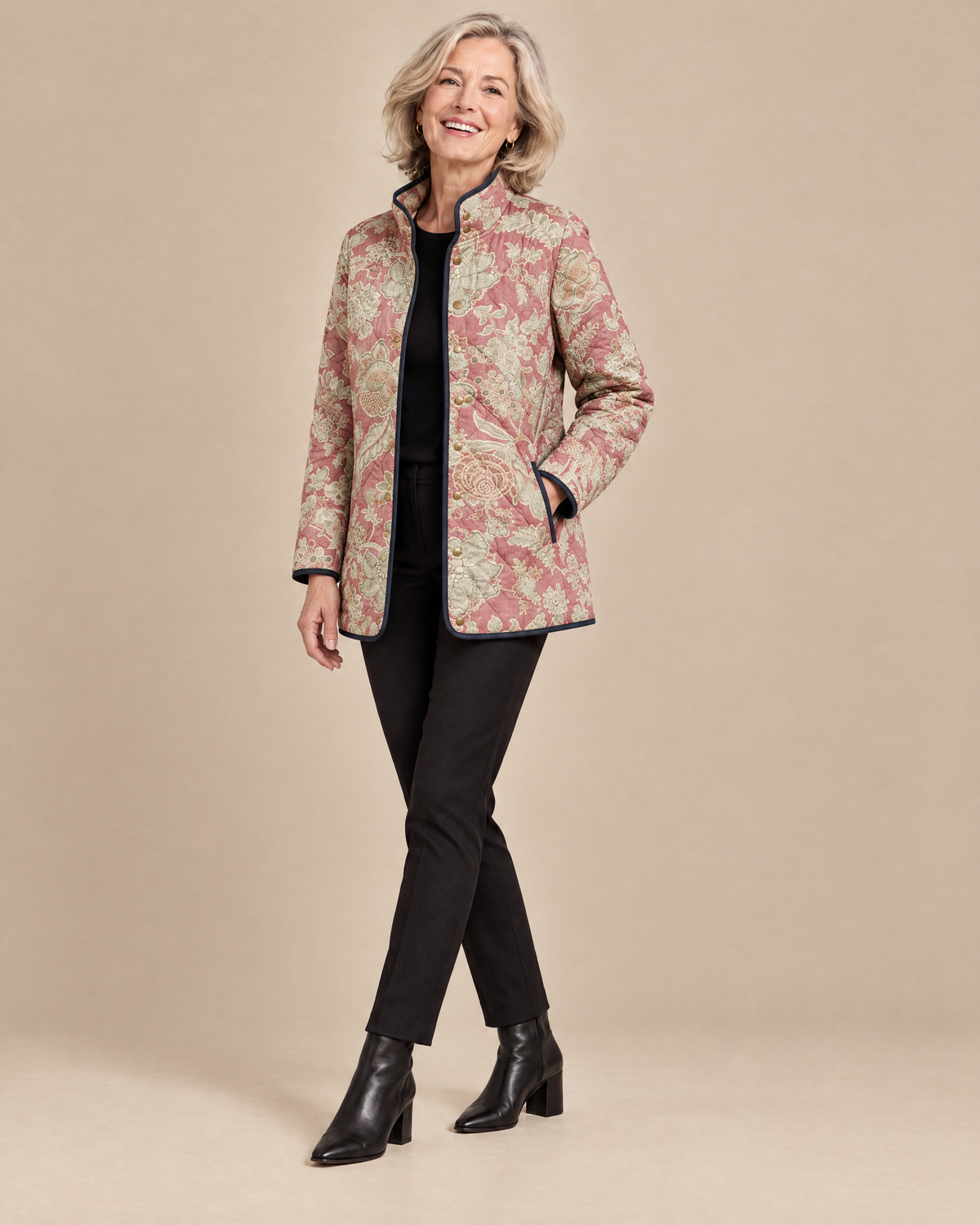Woman posing in the Naya vintage floral casual quilted jacket