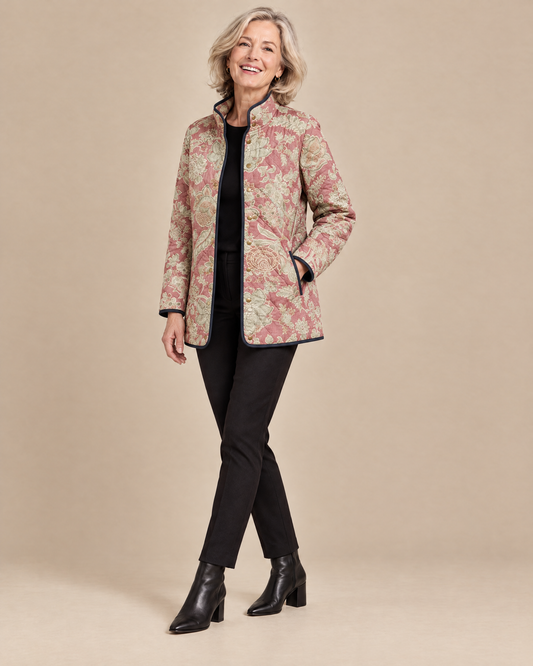 Woman posing in the Naya vintage floral casual quilted jacket