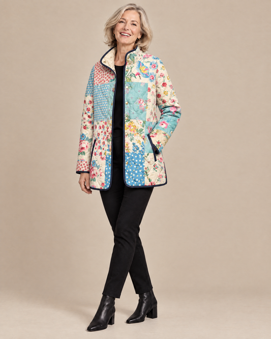 Woman posing in the Zarae charming floral quilted jacket