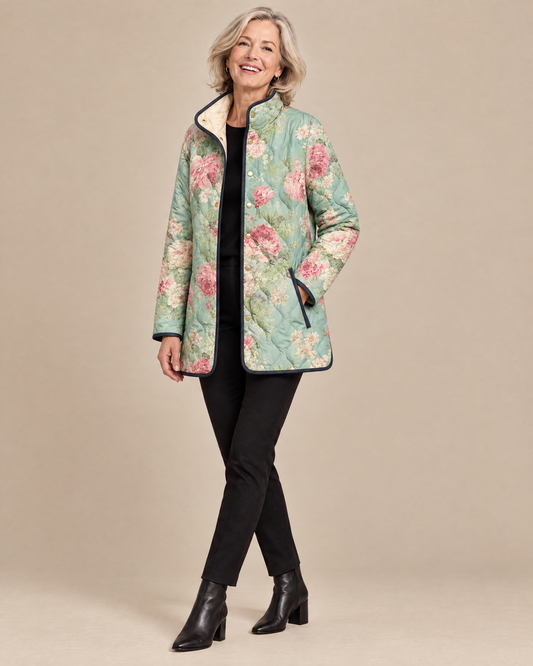 Woman posing in the Nola floral printed quilted jacket