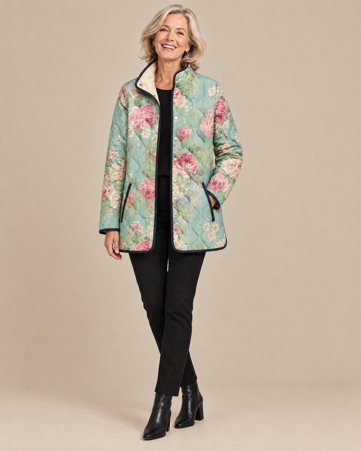 Woman wearing the Nola floral printed quilted jacket, front view