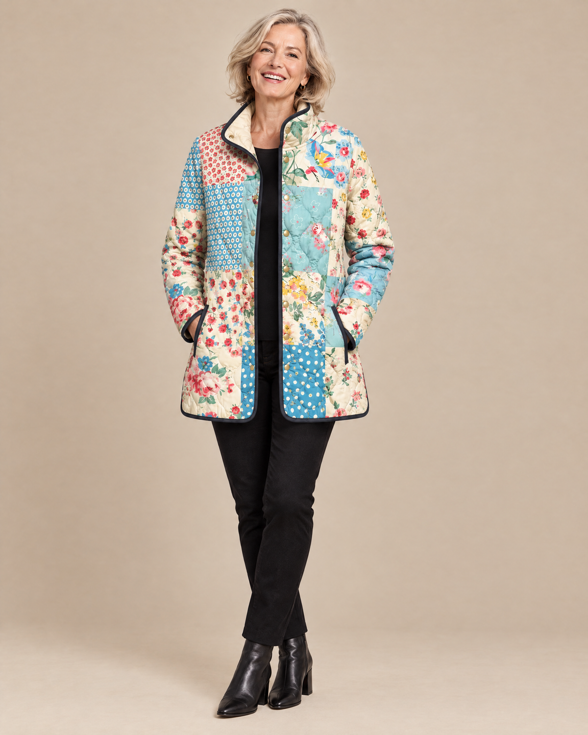 Woman wearing the Zarae charming floral quilted jacket, front view