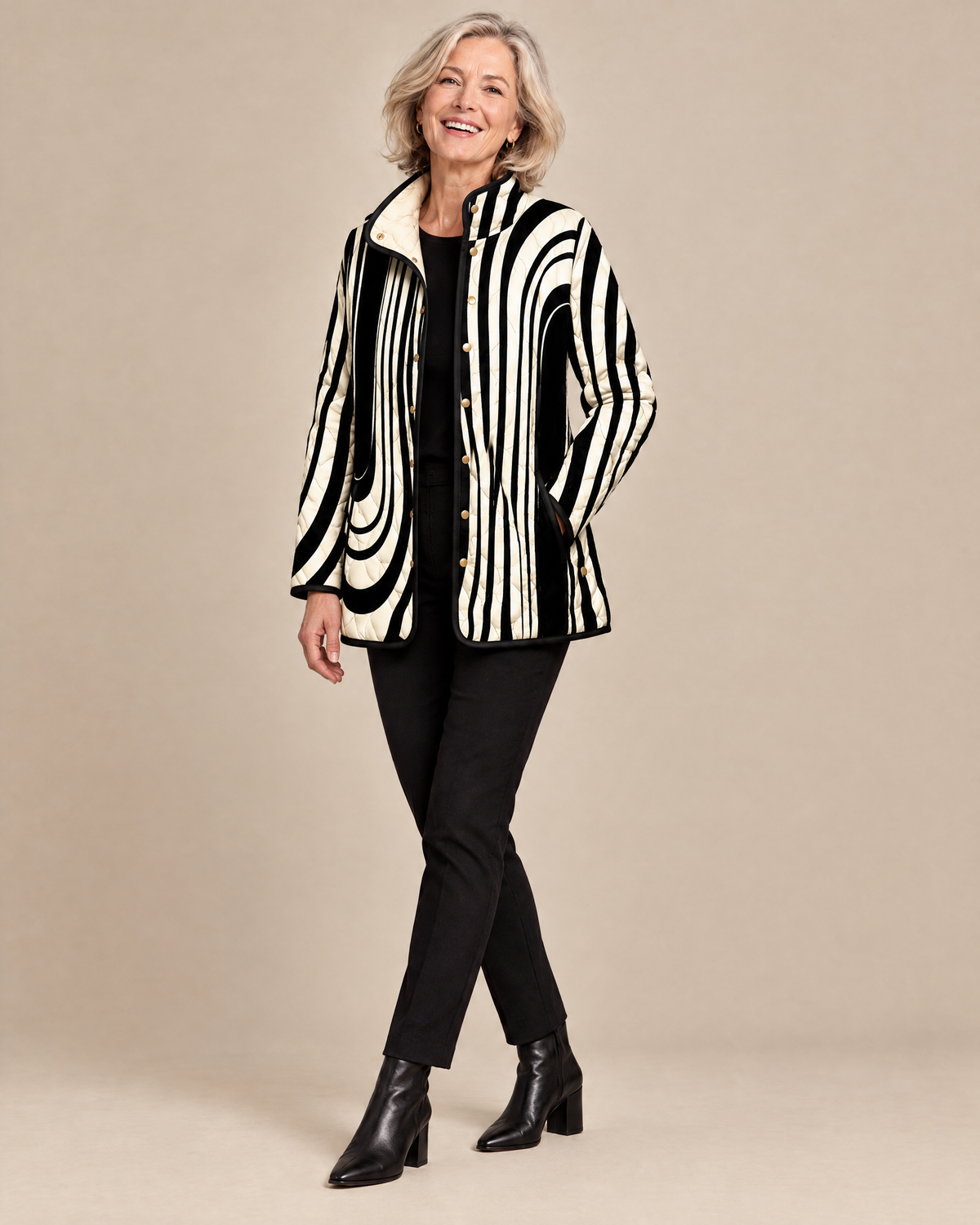 Woman posing in the Soraya abstract geometric quilted jacket