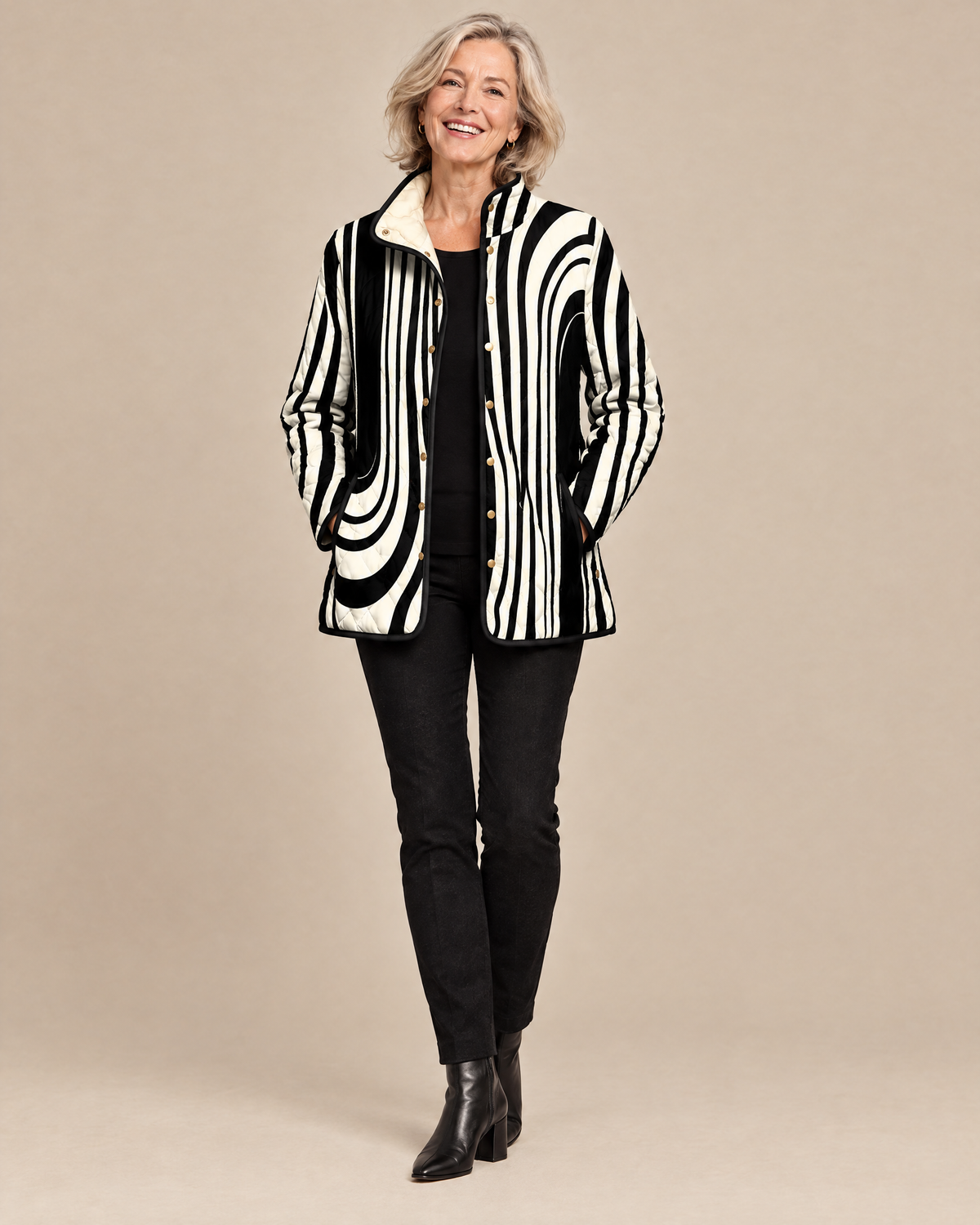 Woman wearing the Soraya abstract geometric quilted jacket, front view