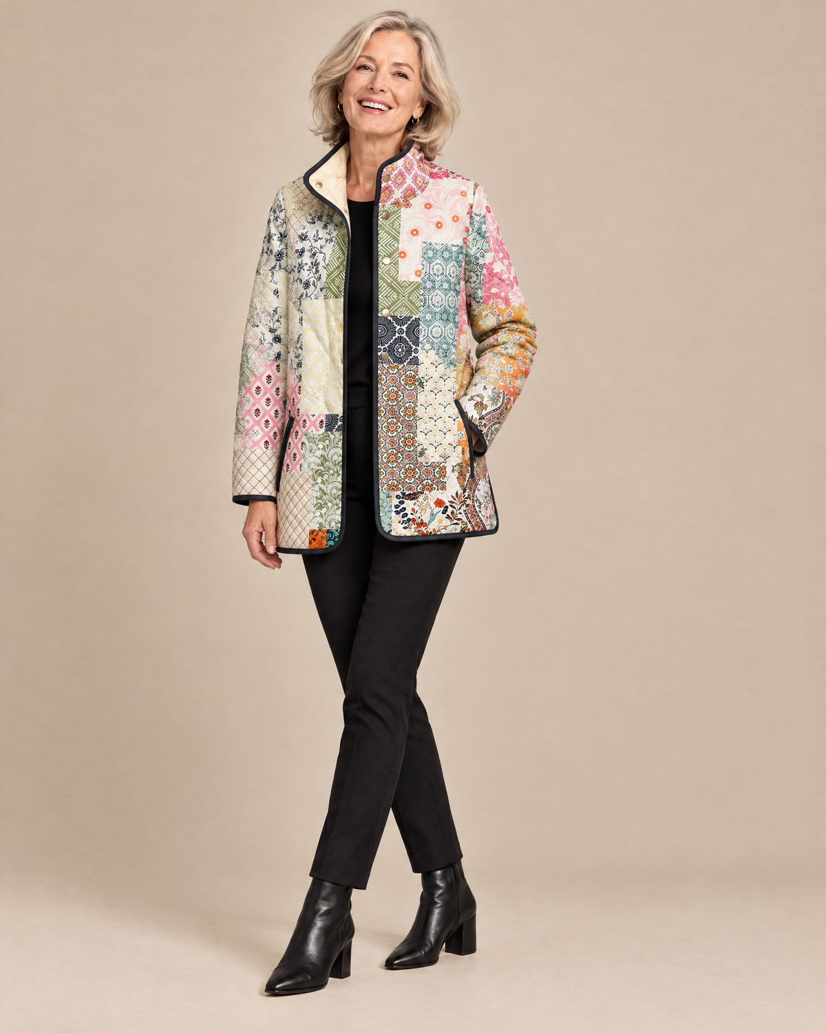 Woman posing in the Suri casual floral print quilted jacket