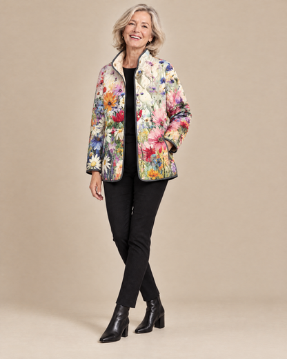 Woman posing in the Carter vintage charming floral quilted jacket