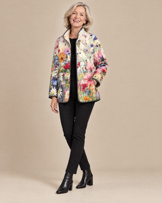 Woman posing in the Carter vintage charming floral quilted jacket
