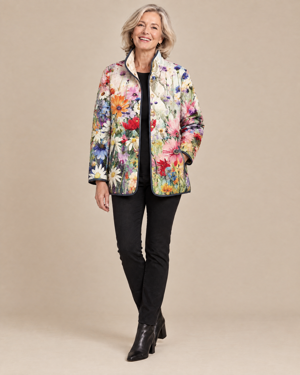 Woman wearing the Carter vintage charming floral quilted jacket, front view