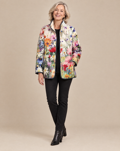 Woman wearing the Carter vintage charming floral quilted jacket, front view
