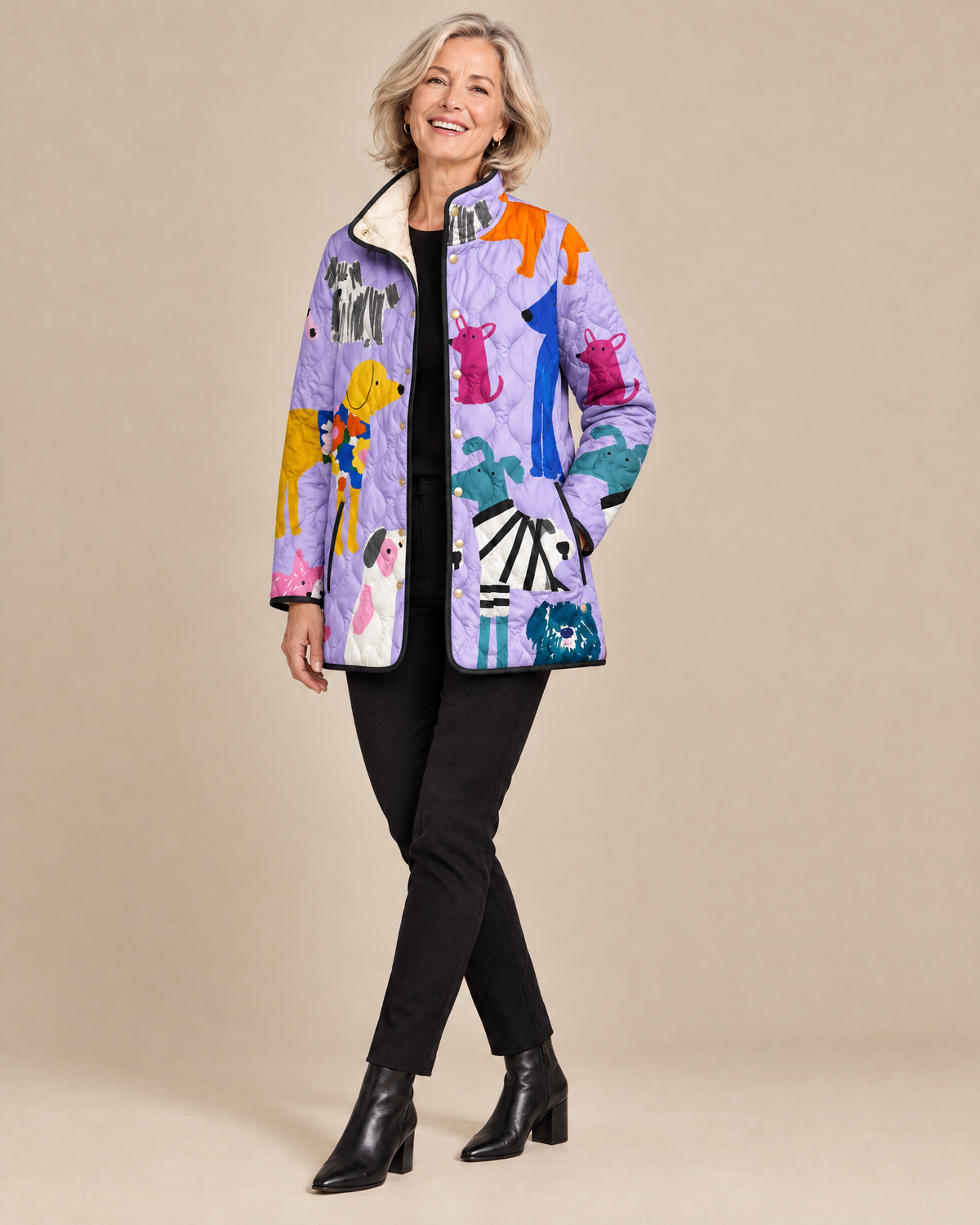 Woman posing in the Rhea casual quilted jacket with dog print
