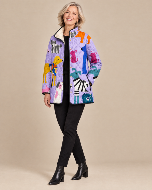 Woman posing in the Rhea casual quilted jacket with dog print