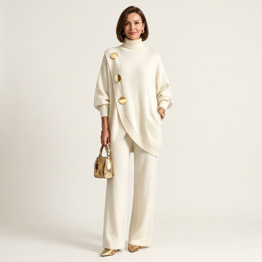 Essy | Metal Button High-Collar Two-Piece Knit Set