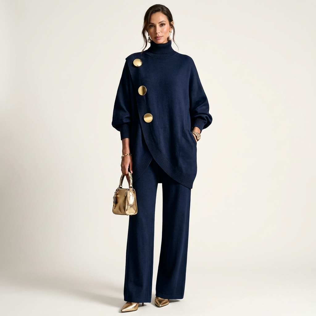 Essy | Metal Button High-Collar Two-Piece Knit Set